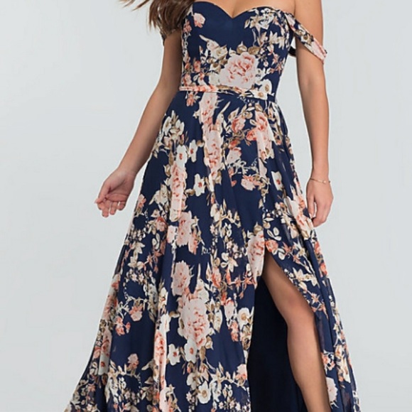 Floral-Print Off-the-Shoulder Long Formal Dress - Picture 2 of 8